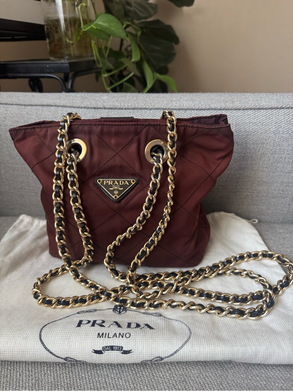 Prada Tessuto Quilted Nylon Shoulder Bag Brown with Gold Chain